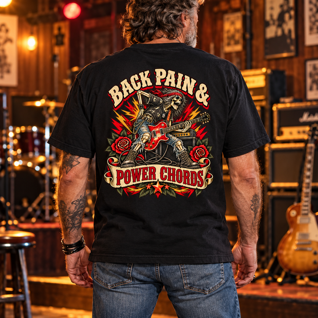 Back Pain & Power Chords Heavyweight Tee — Lifestyle — back print
