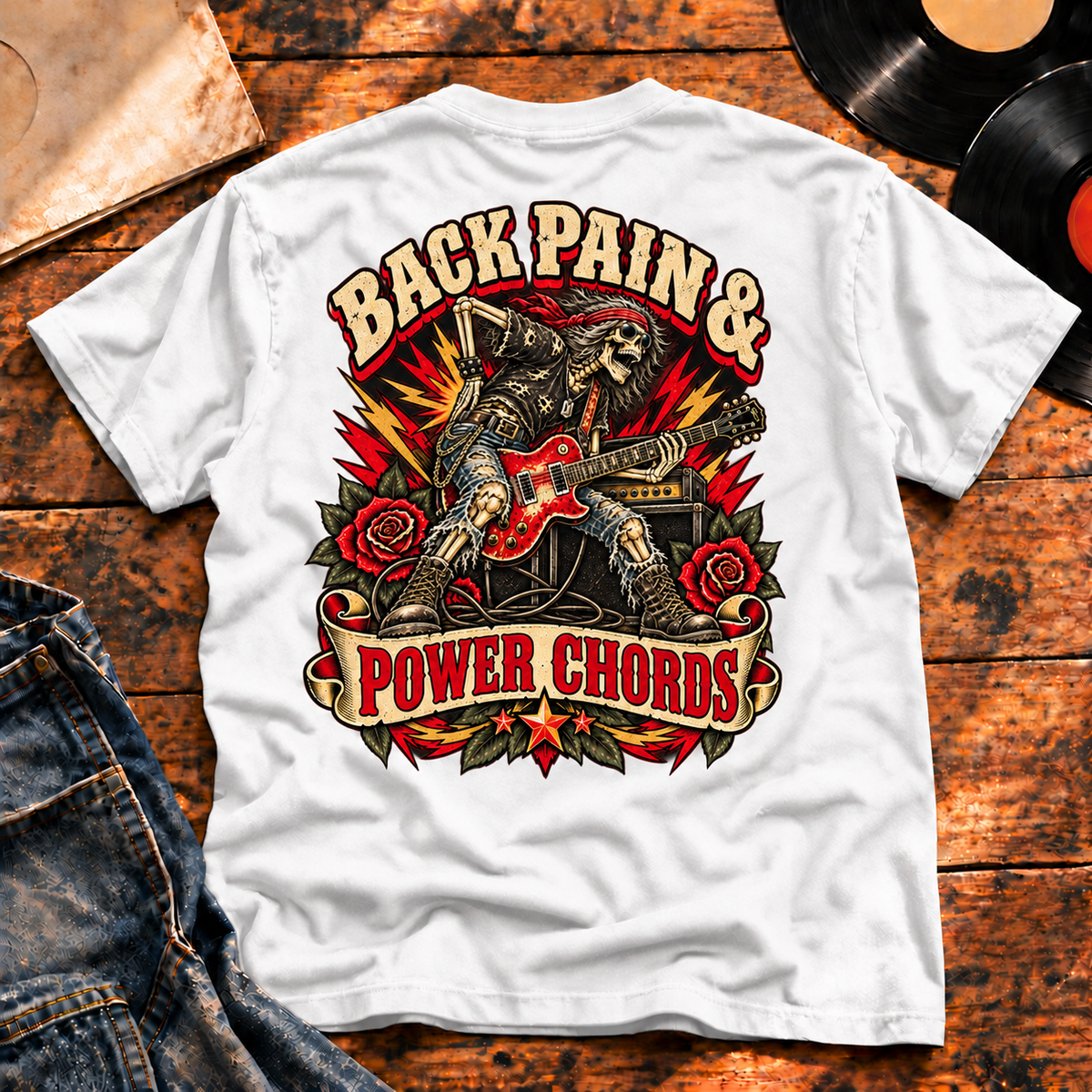 Back Pain & Power Chords Heavyweight Tee — White hero — back print
