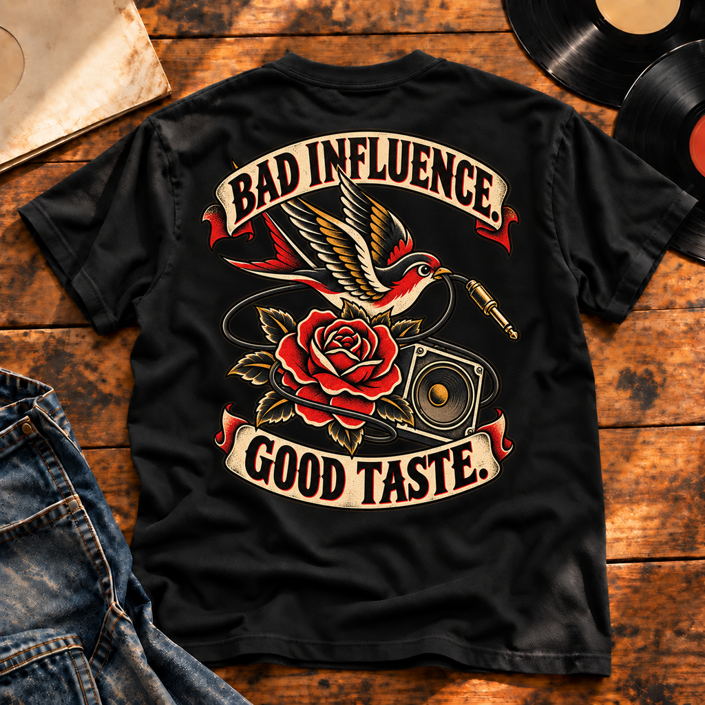 Bad Influence Good Taste Heavyweight Tee — Black back print flat-lay hero