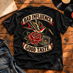 Bad Influence Good Taste Heavyweight Tee — Black back print flat-lay hero