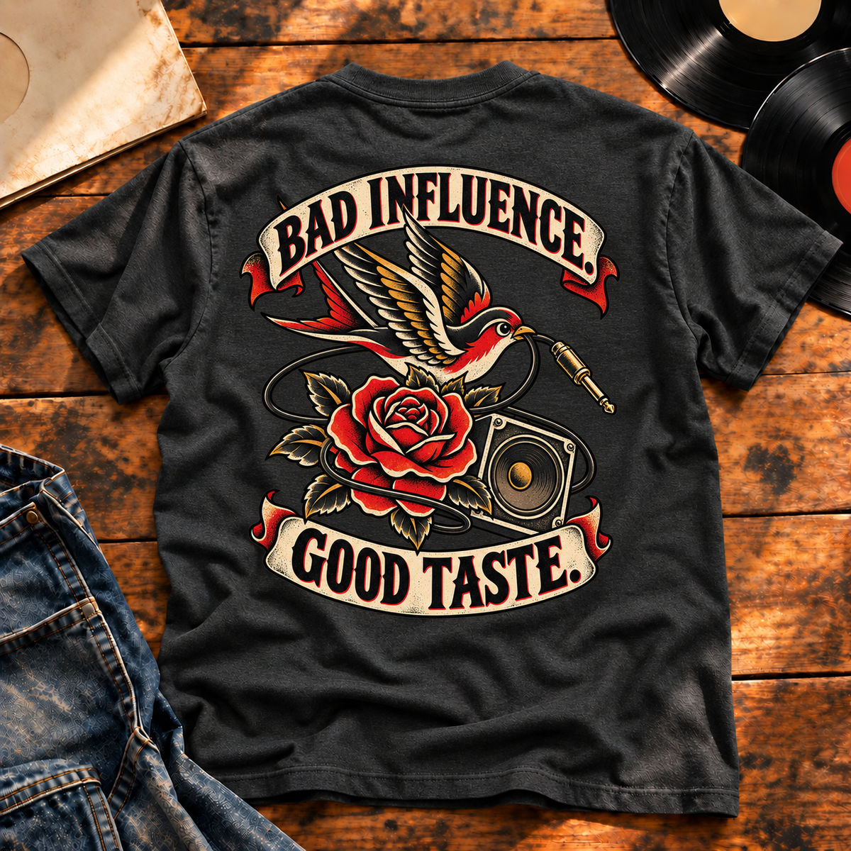 Bad Influence Good Taste Heavyweight Tee — Charcoal Heather back print flat-lay hero