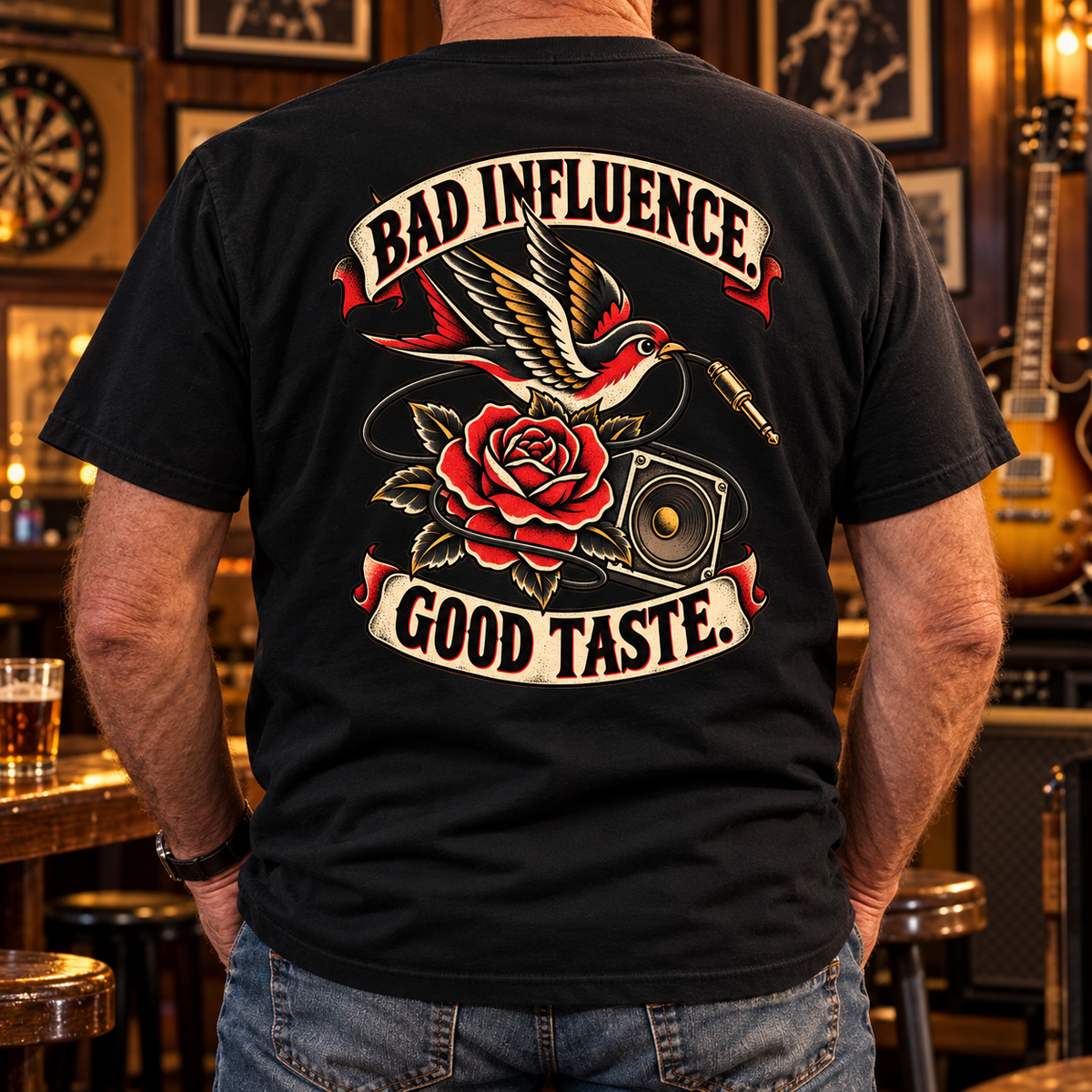 Bad Influence Good Taste Heavyweight Tee — Lifestyle back print lifestyle