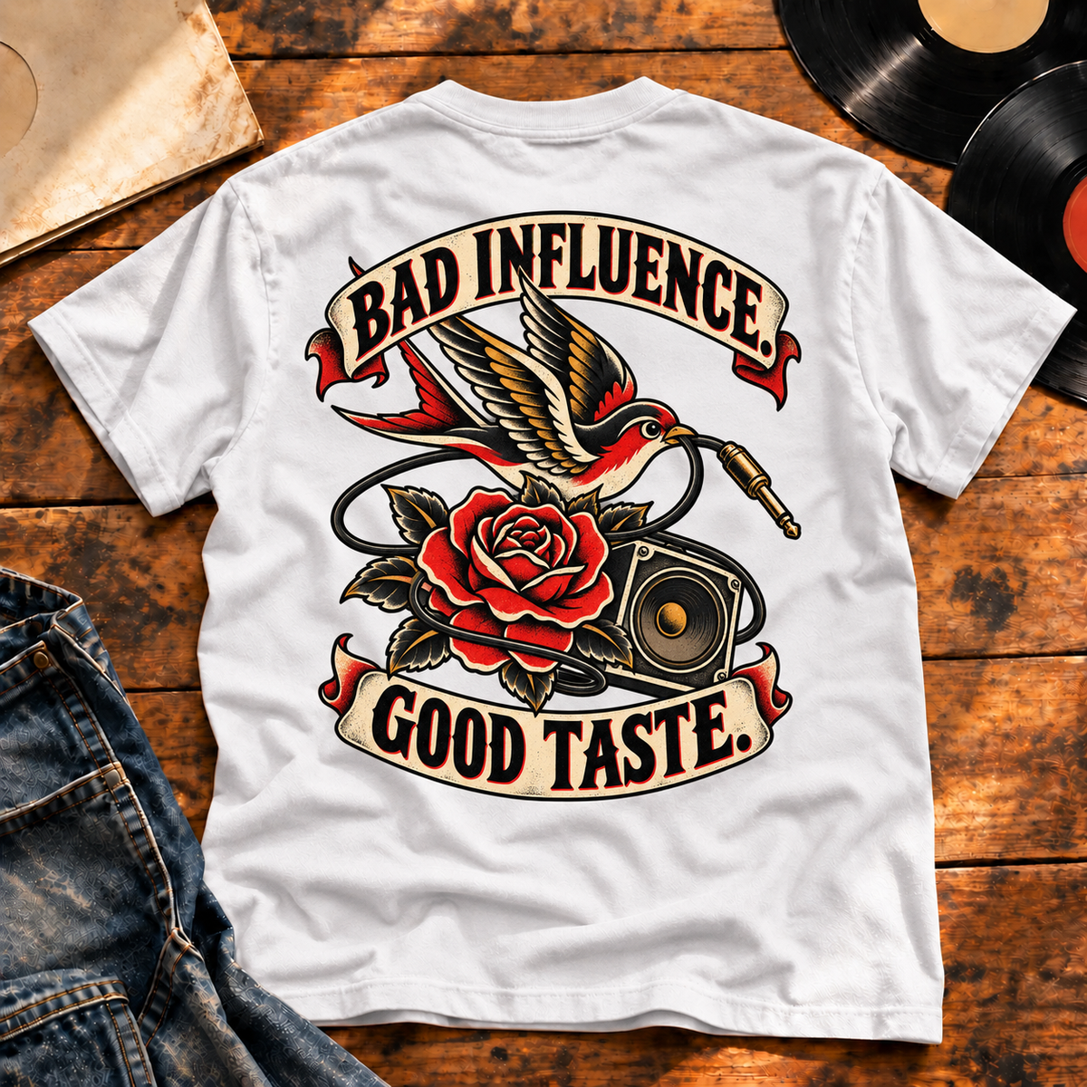 Bad Influence Good Taste Heavyweight Tee — White back print flat-lay hero