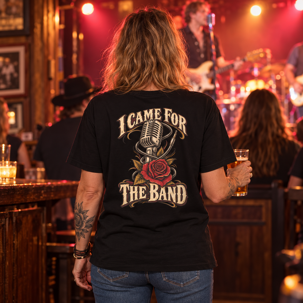 band design — generated lifestyle model wearing black back-print heavyweight tee