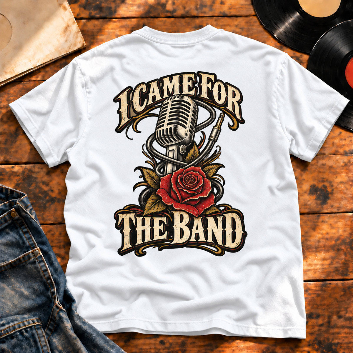 I Came for the Band Heavyweight Tee — White back-print flatlay hero