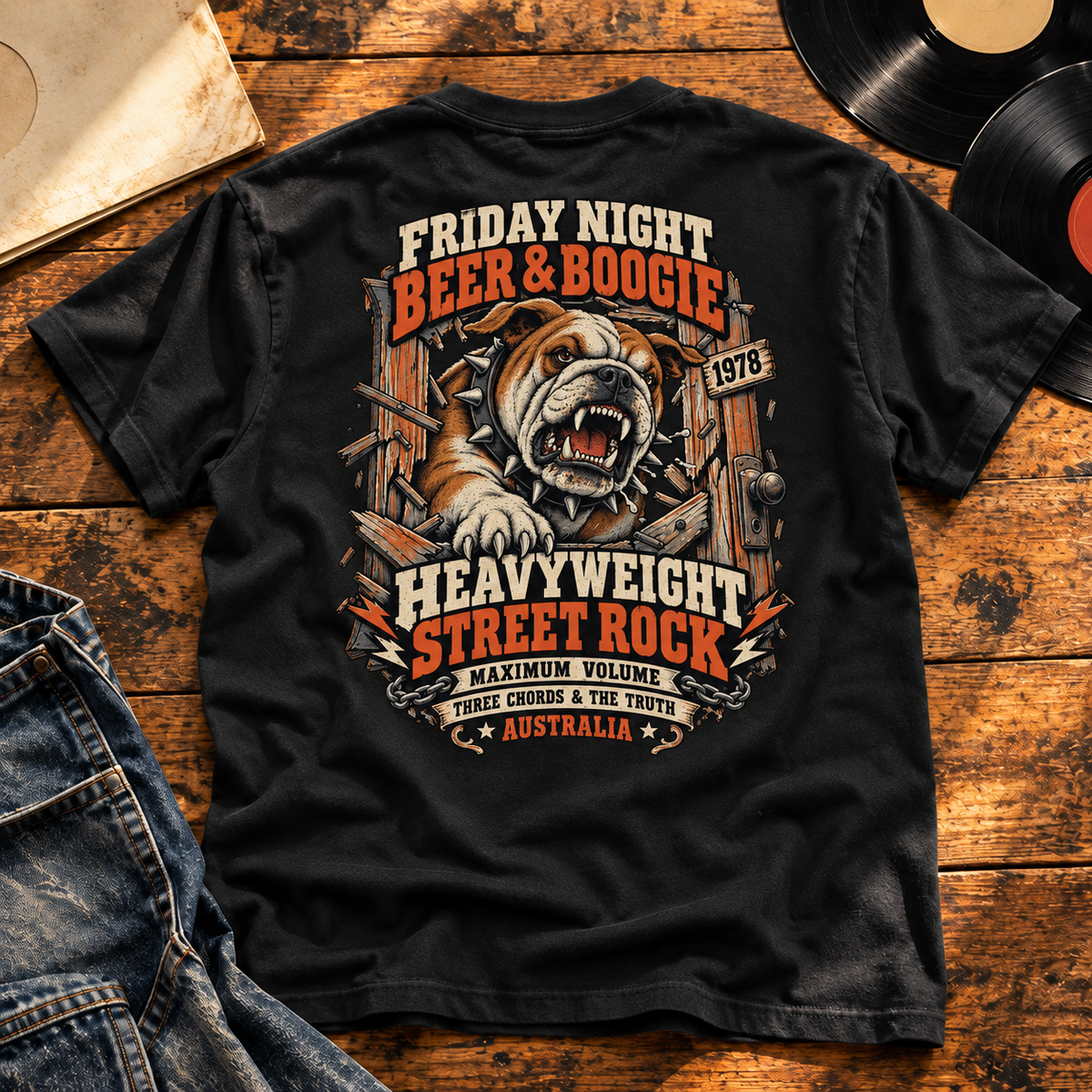 Beer & Boogie Bulldog Heavyweight Tee — black back print in vintage vinyl setting