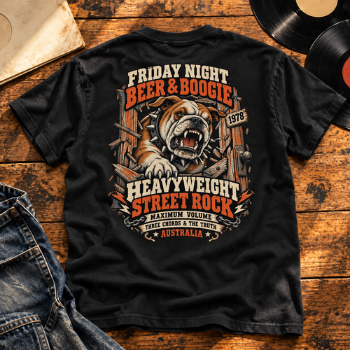 Beer & Boogie Bulldog Heavyweight Tee — black back print in vintage vinyl setting