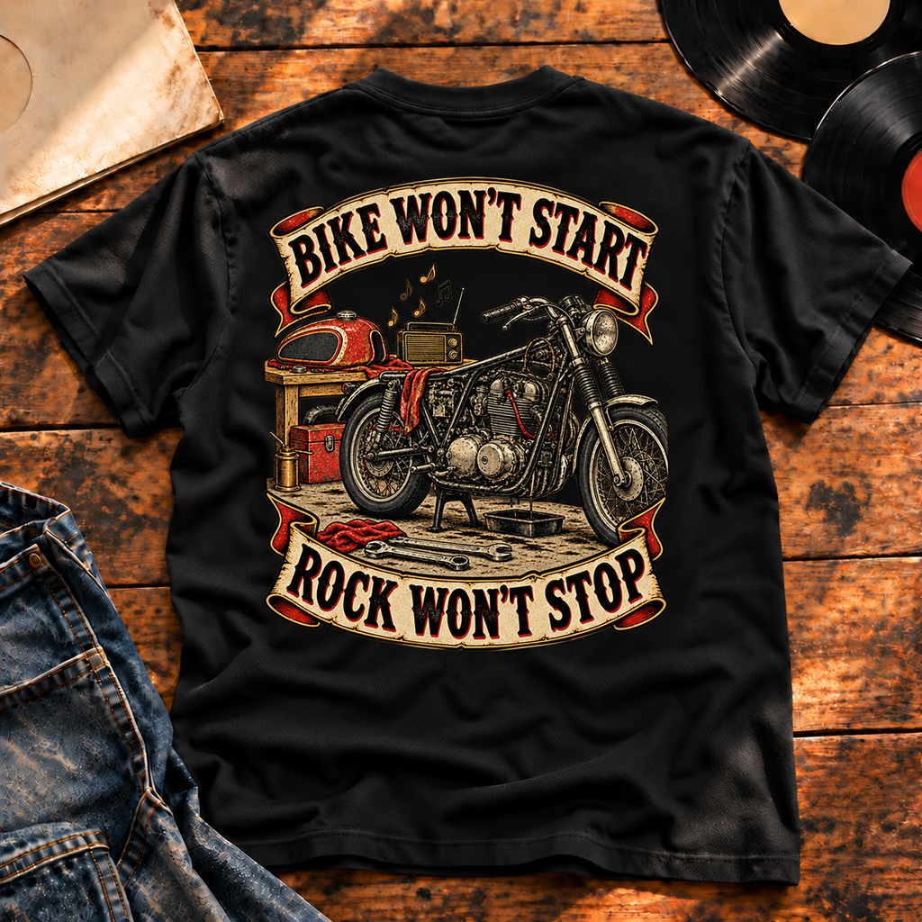 Bike Won’t Start Rock Won’t Stop Heavyweight Tee black back print hero