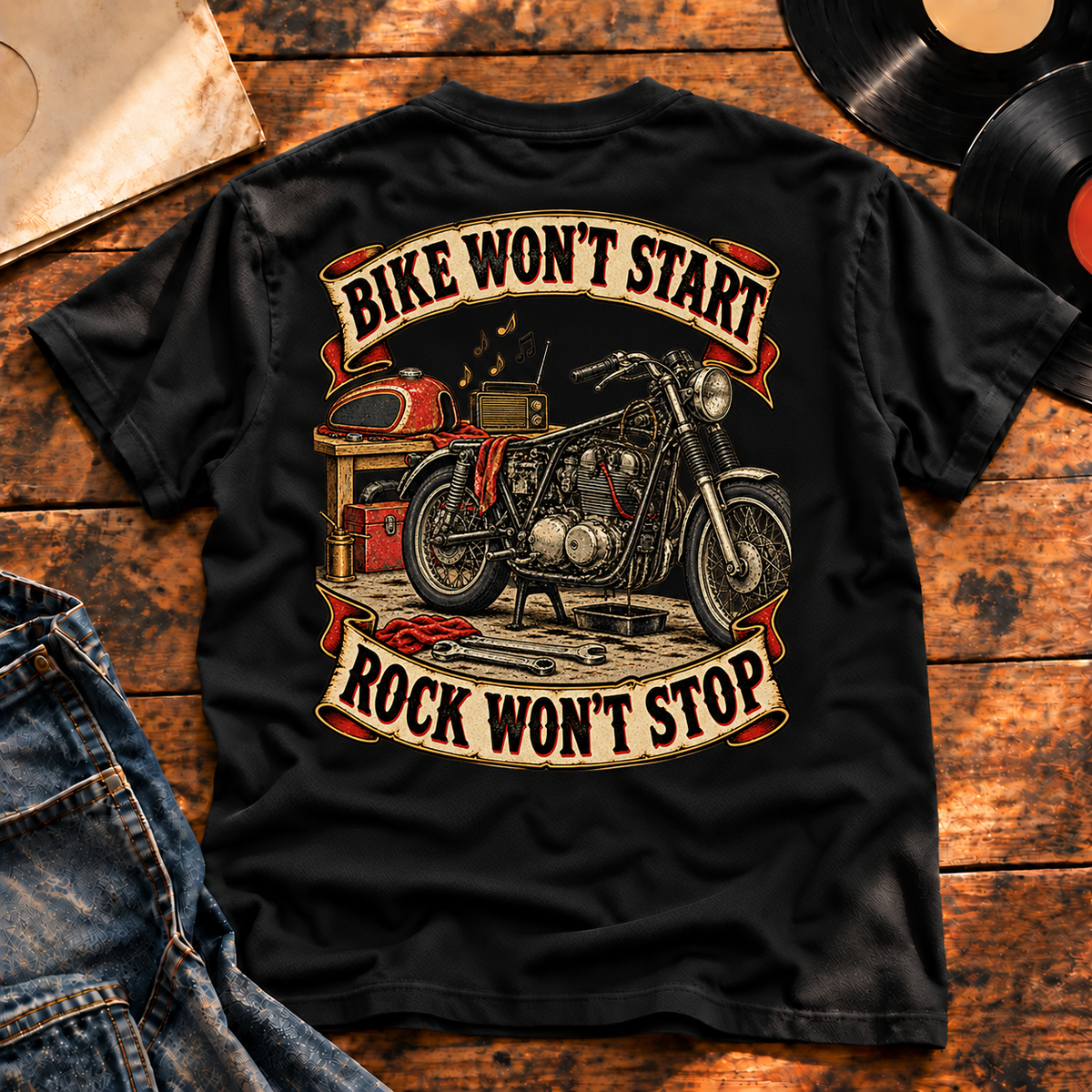Bike Won’t Start Rock Won’t Stop Heavyweight Tee black back print hero