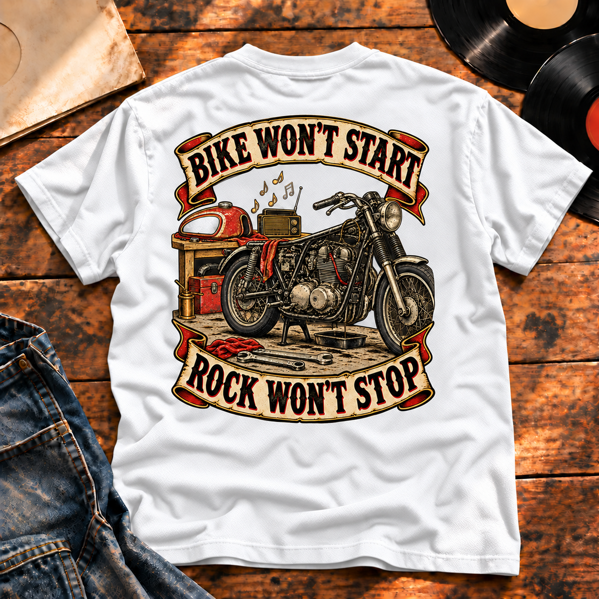 Bike Won’t Start Rock Won’t Stop Heavyweight Tee white back print hero