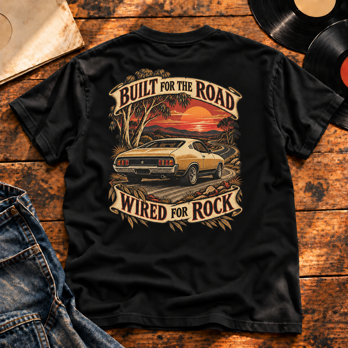 Built for the Road, Wired for Rock Heavyweight Tee — Black back-print vinyl hero