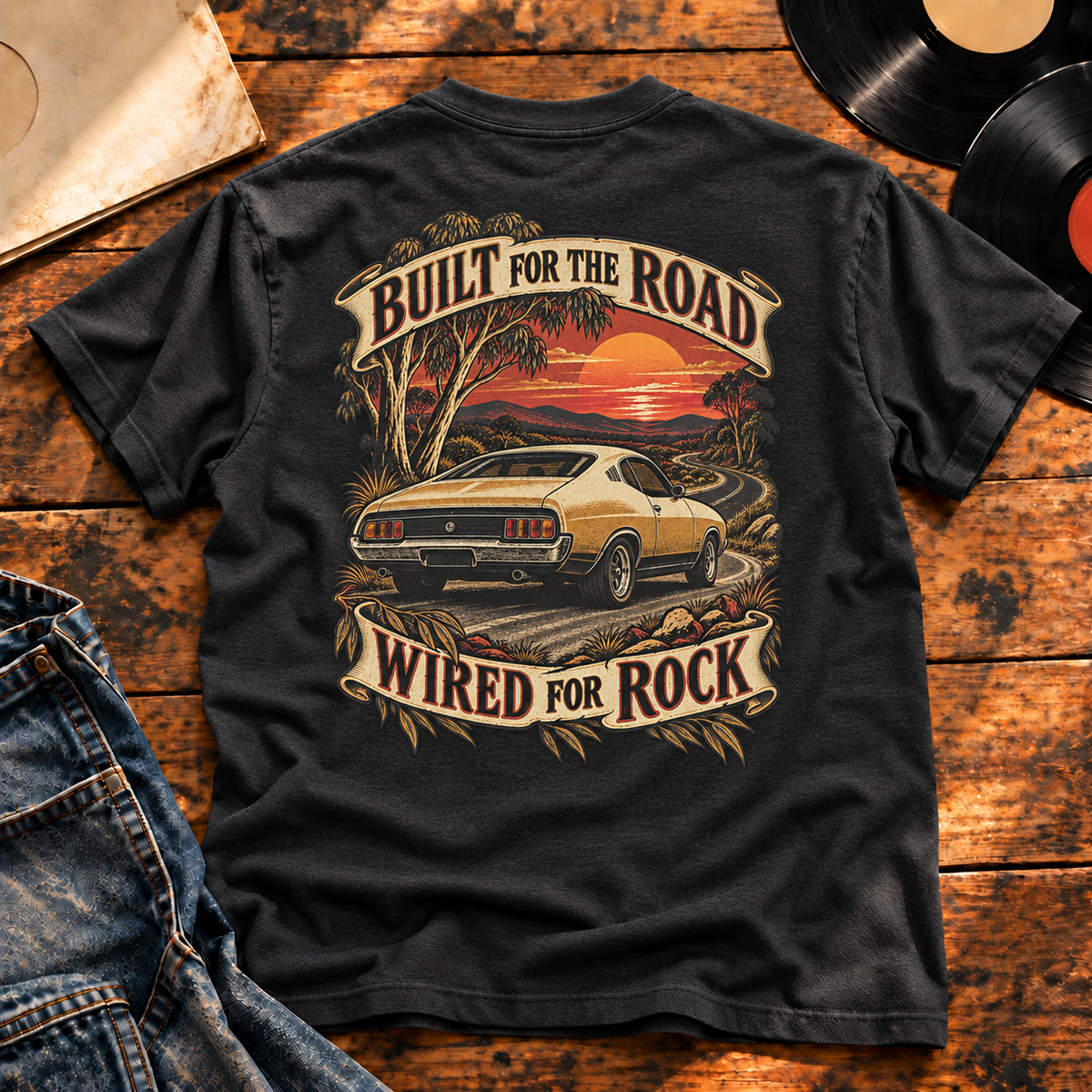 Built for the Road, Wired for Rock Heavyweight Tee — Charcoal Heather back-print vinyl hero