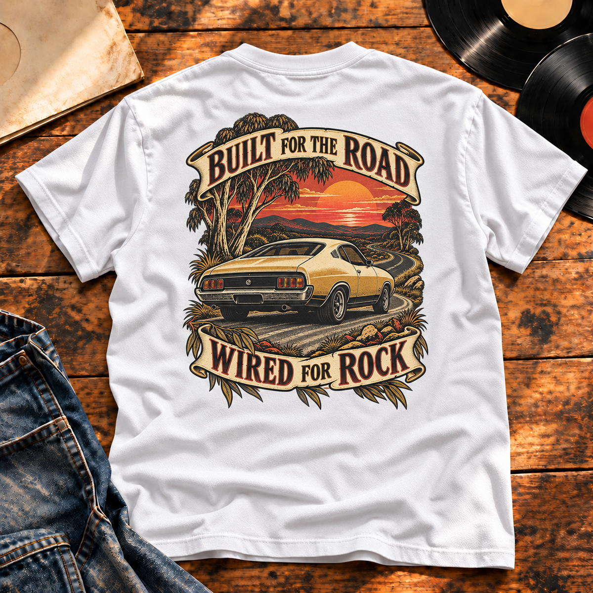 Built for the Road, Wired for Rock Heavyweight Tee — White back-print vinyl hero