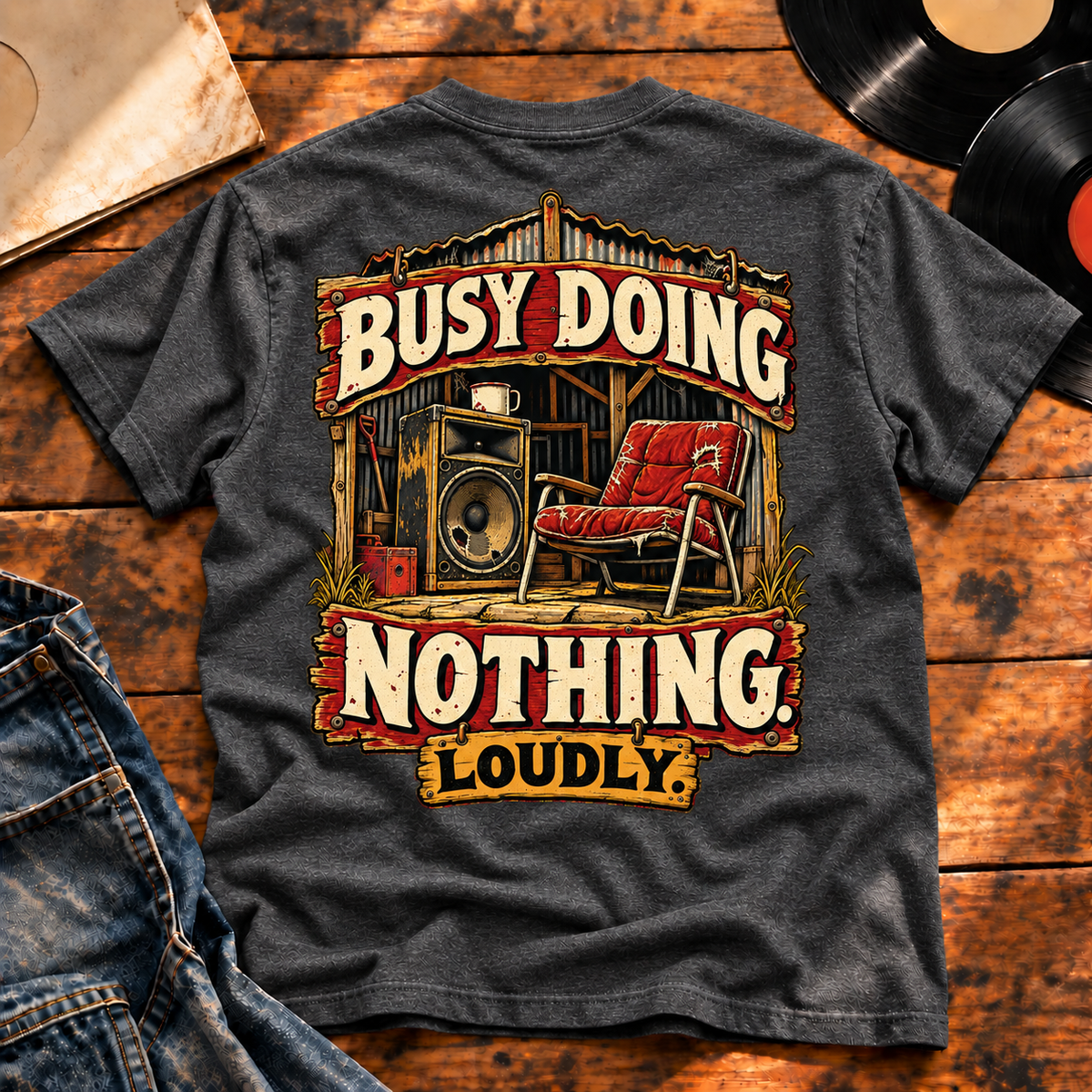 Busy Doing Nothing Loudly Heavyweight Tee — Charcoal Heather back print flat-lay hero
