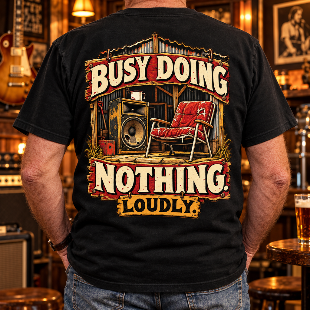 Busy Doing Nothing Loudly Heavyweight Tee — Lifestyle back print lifestyle