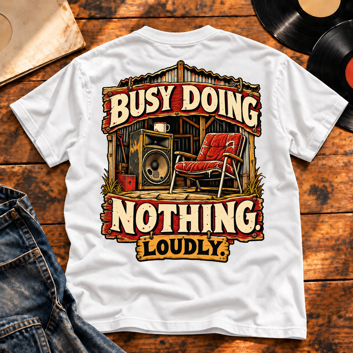 Busy Doing Nothing Loudly Heavyweight Tee — White back print flat-lay hero