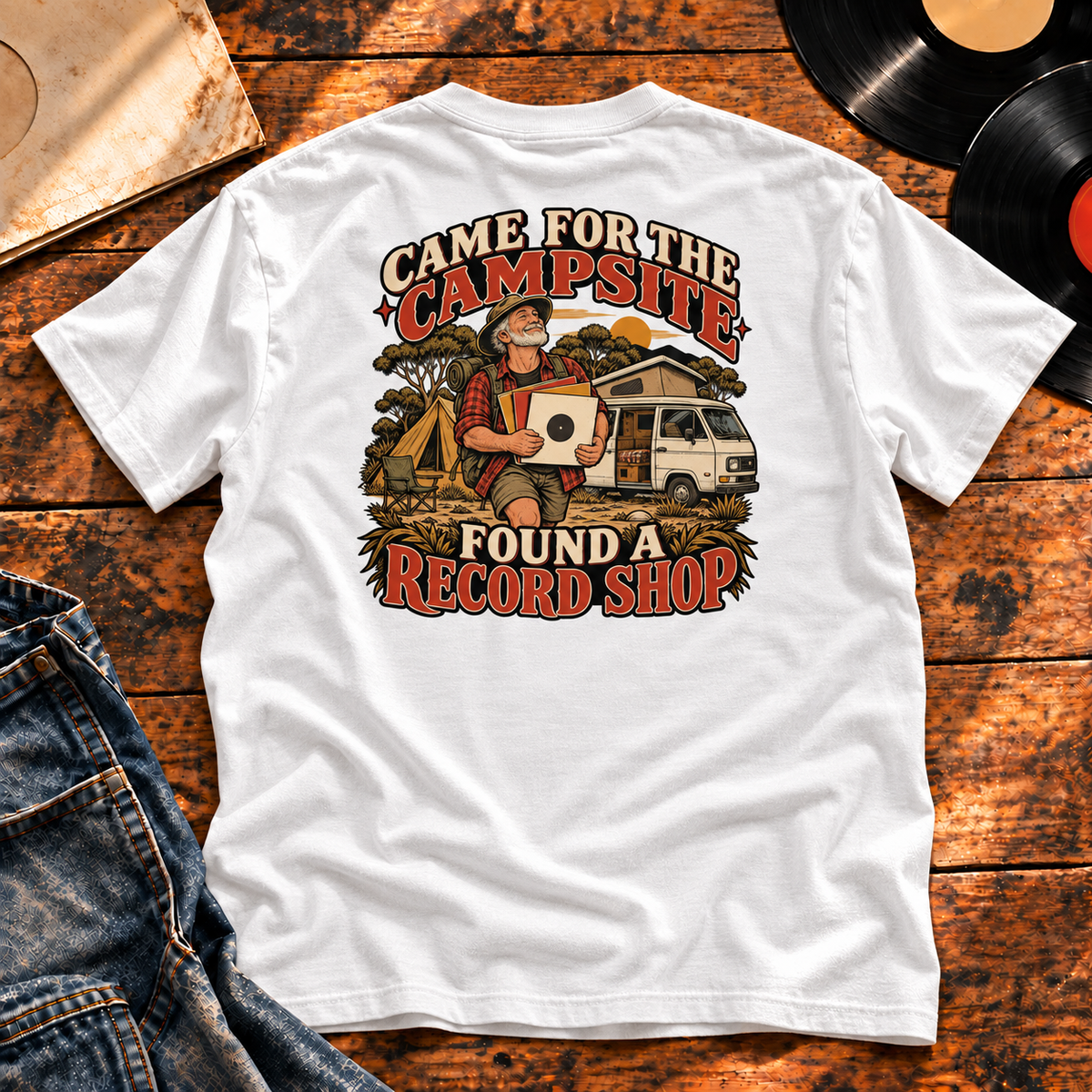 Came for the Campsite Found a Record Shop Heavyweight Tee — white back-print hero