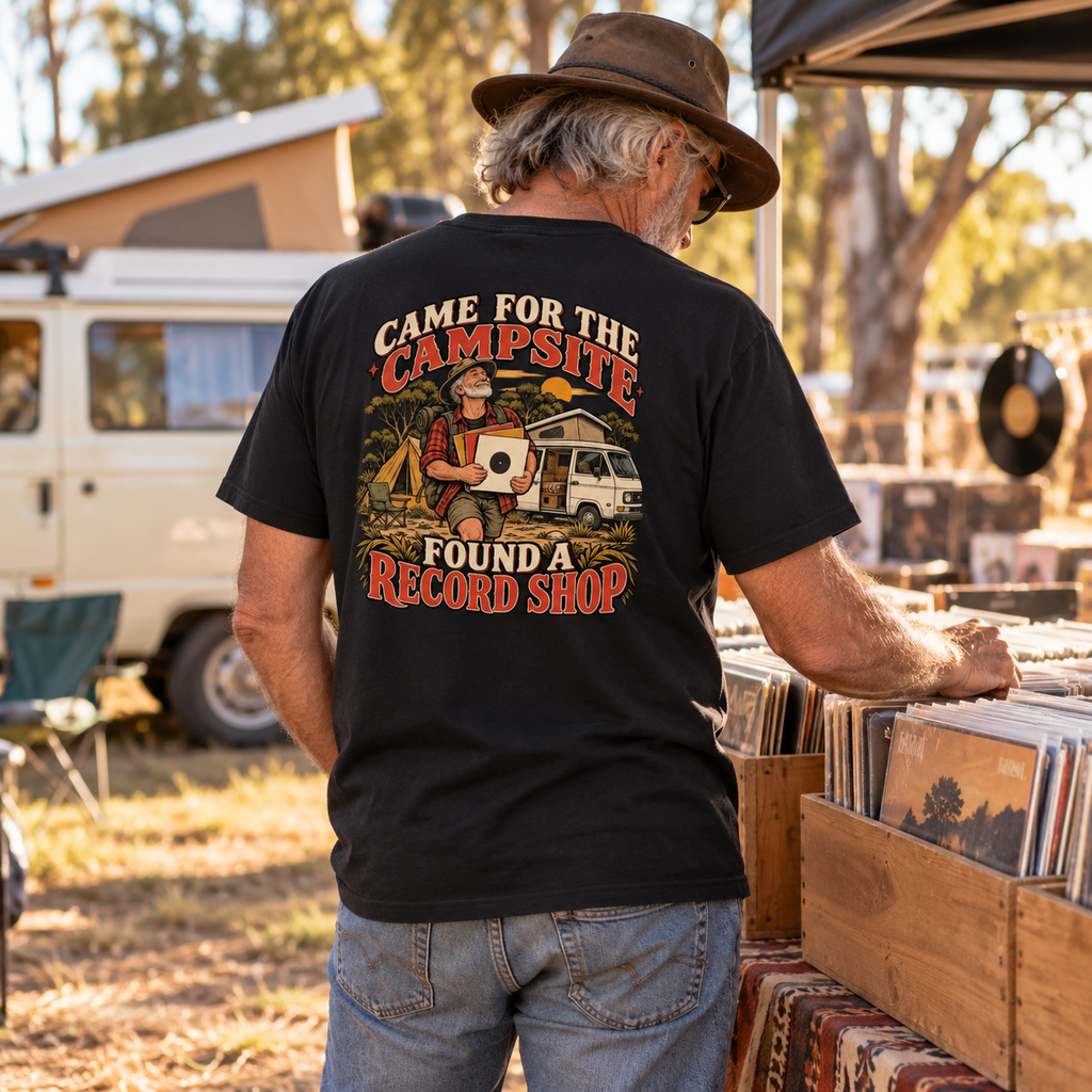 Came for the Campsite Found a Record Shop Heavyweight Tee — Black lifestyle photograph