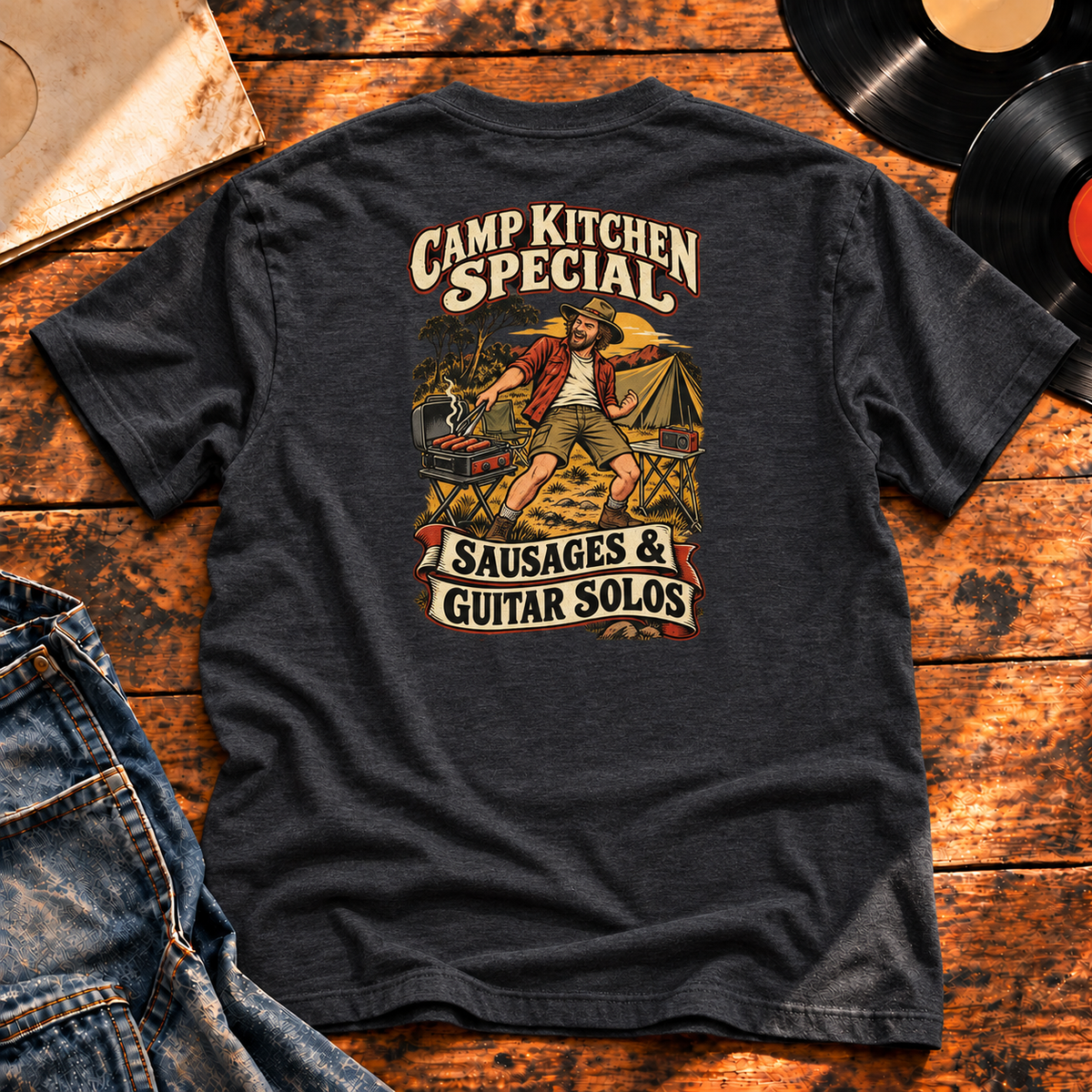 Camp Kitchen Special Sausages & Guitar Solos Heavyweight Tee — charcoal back-print hero