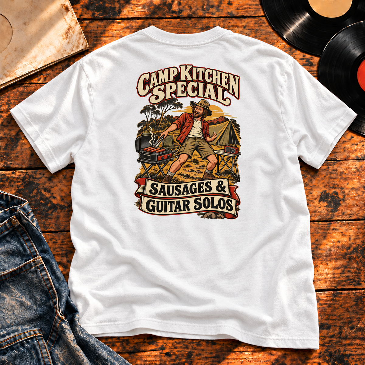 Camp Kitchen Special Sausages & Guitar Solos Heavyweight Tee — white back-print hero
