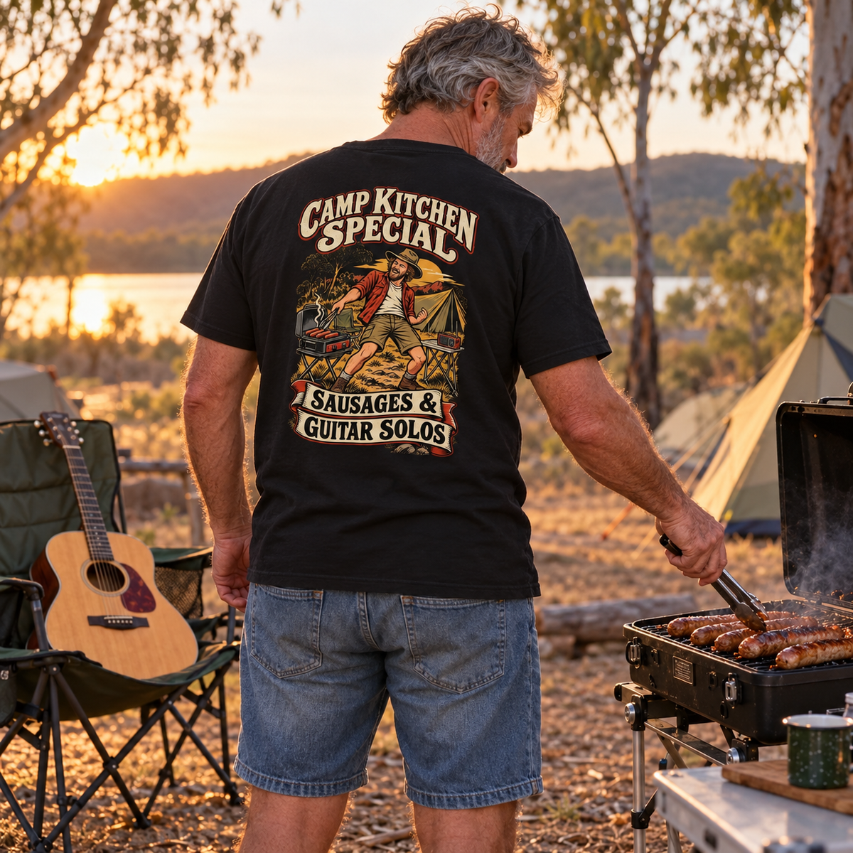 Camp Kitchen Special Sausages & Guitar Solos Heavyweight Tee — Black lifestyle photograph