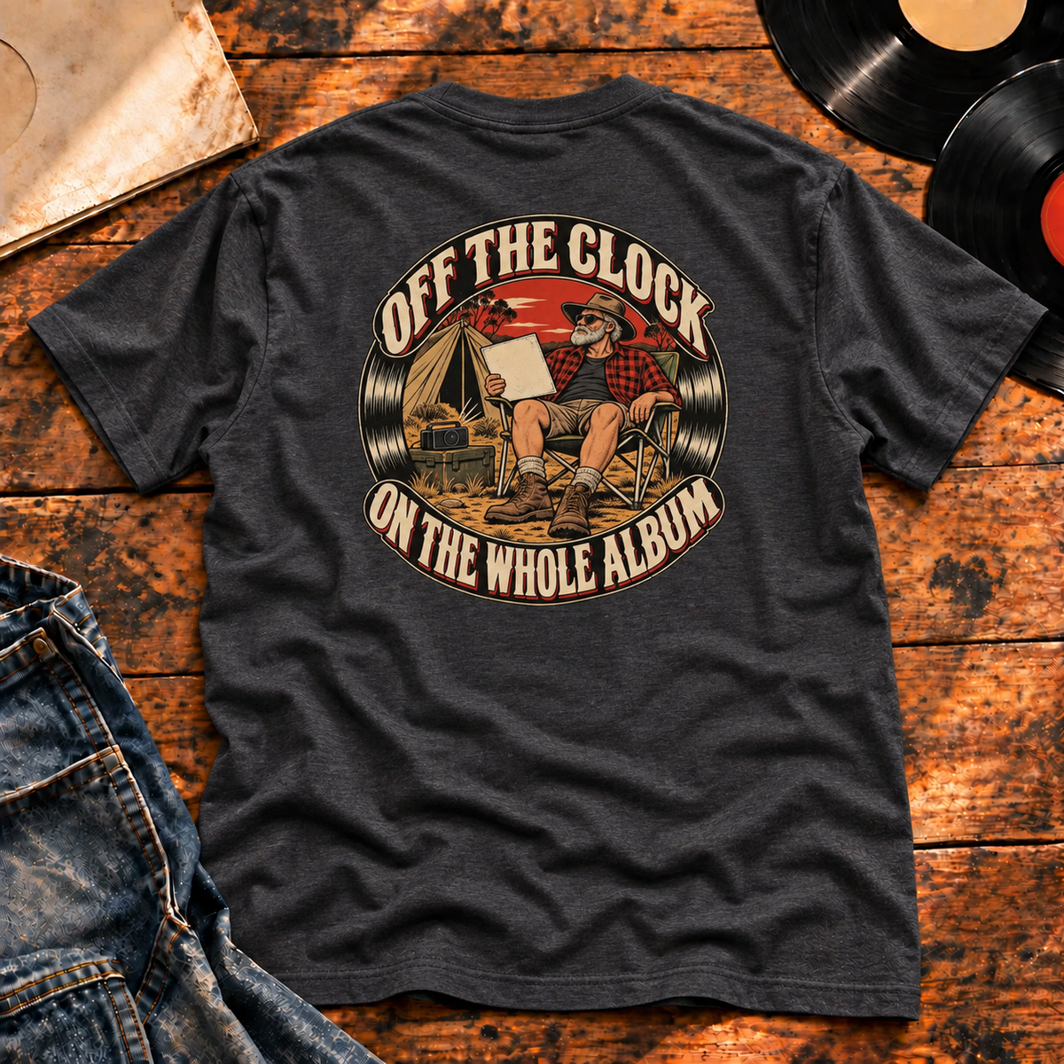 Off the Clock On the Whole Album Heavyweight Tee — charcoal back-print hero