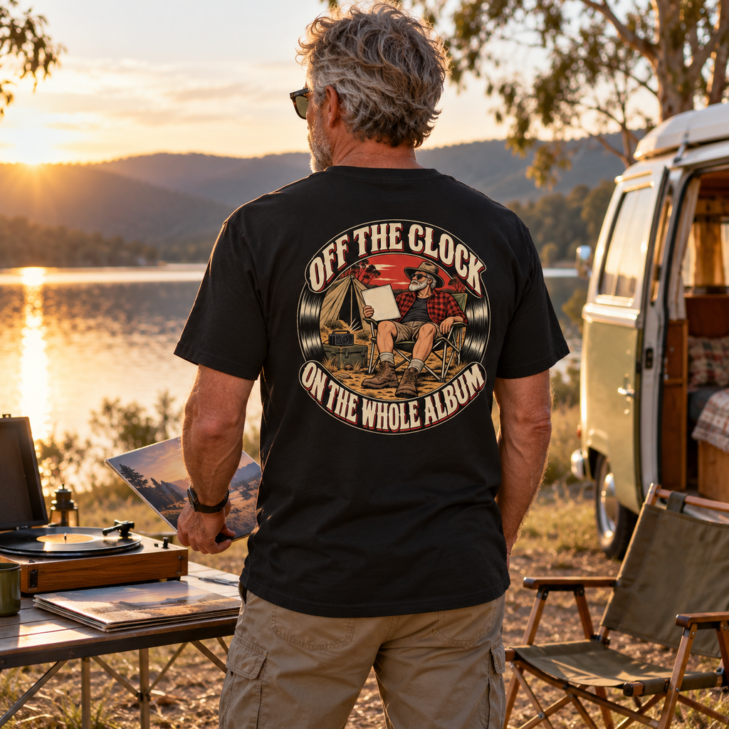 Off the Clock On the Whole Album Heavyweight Tee — Black lifestyle photograph