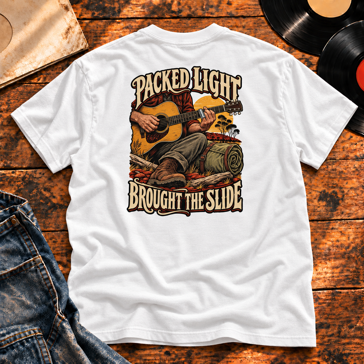 Packed Light Brought the Slide Heavyweight Tee — white back-print hero