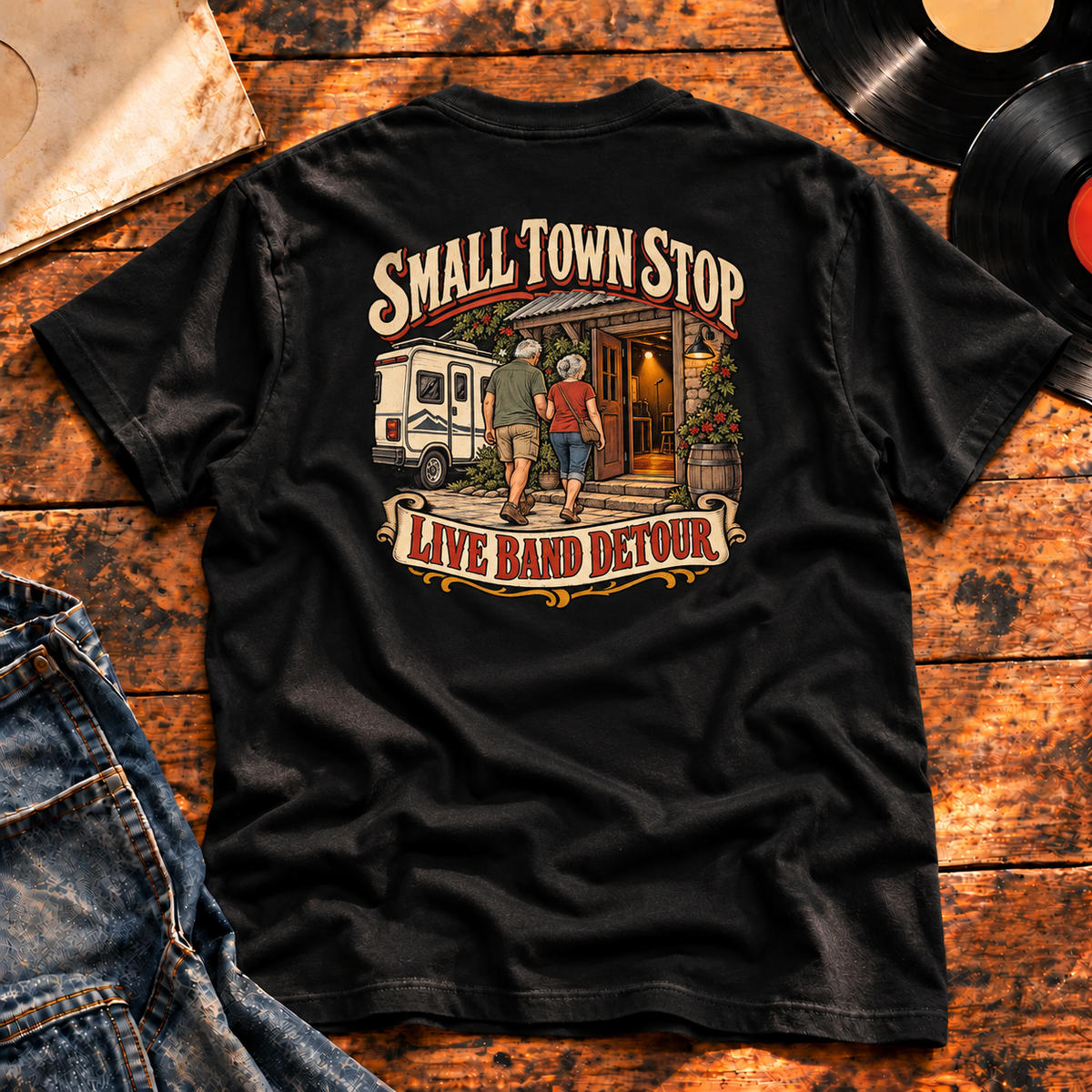 Small Town Stop Live Band Detour Heavyweight Tee — black back-print hero