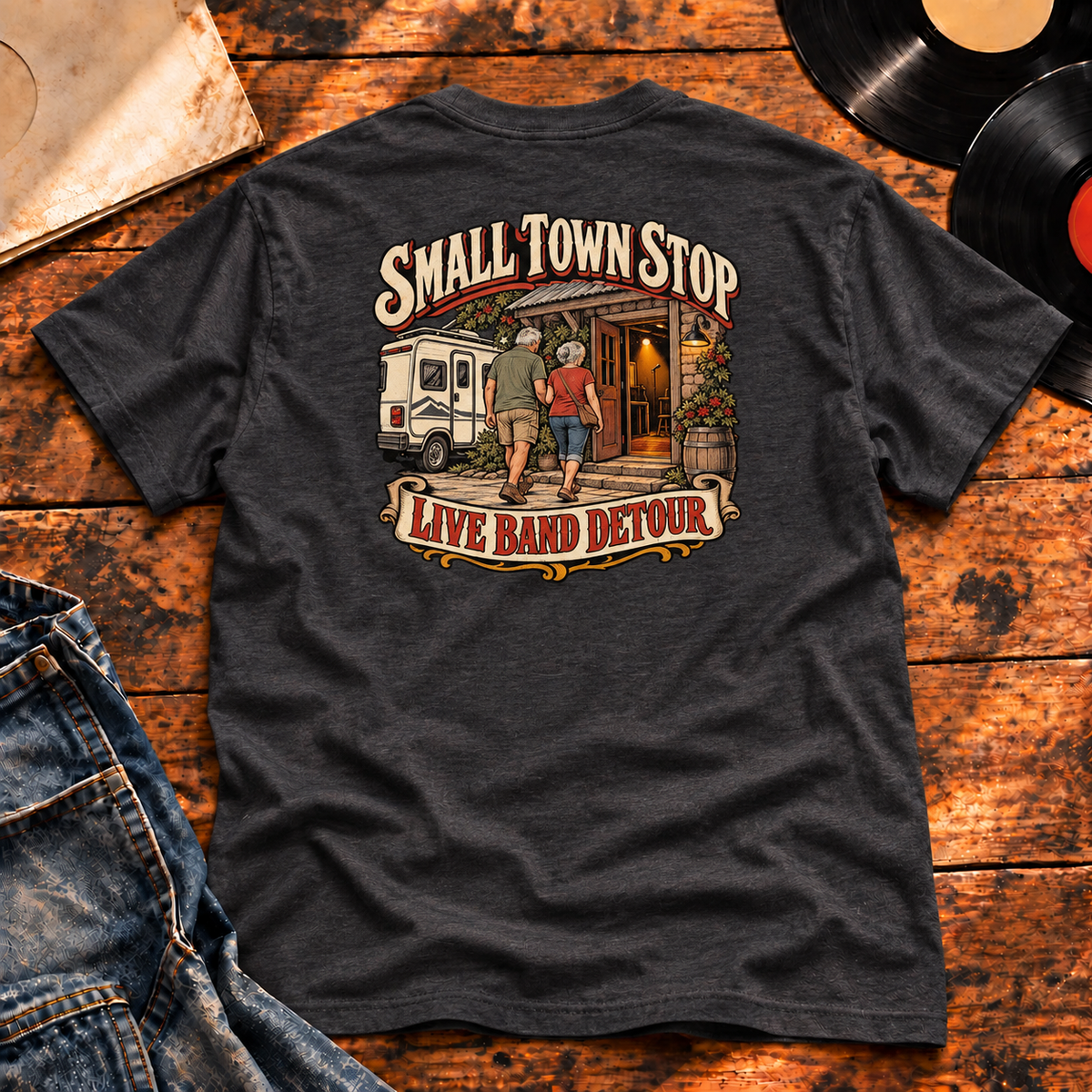 Small Town Stop Live Band Detour Heavyweight Tee — charcoal back-print hero