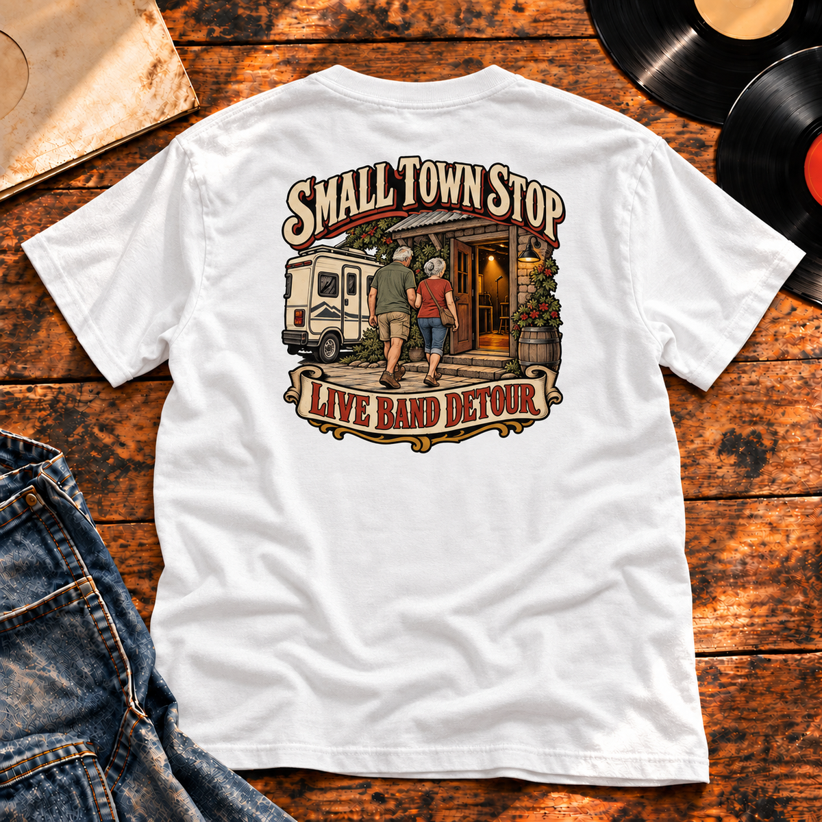 Small Town Stop Live Band Detour Heavyweight Tee — white back-print hero