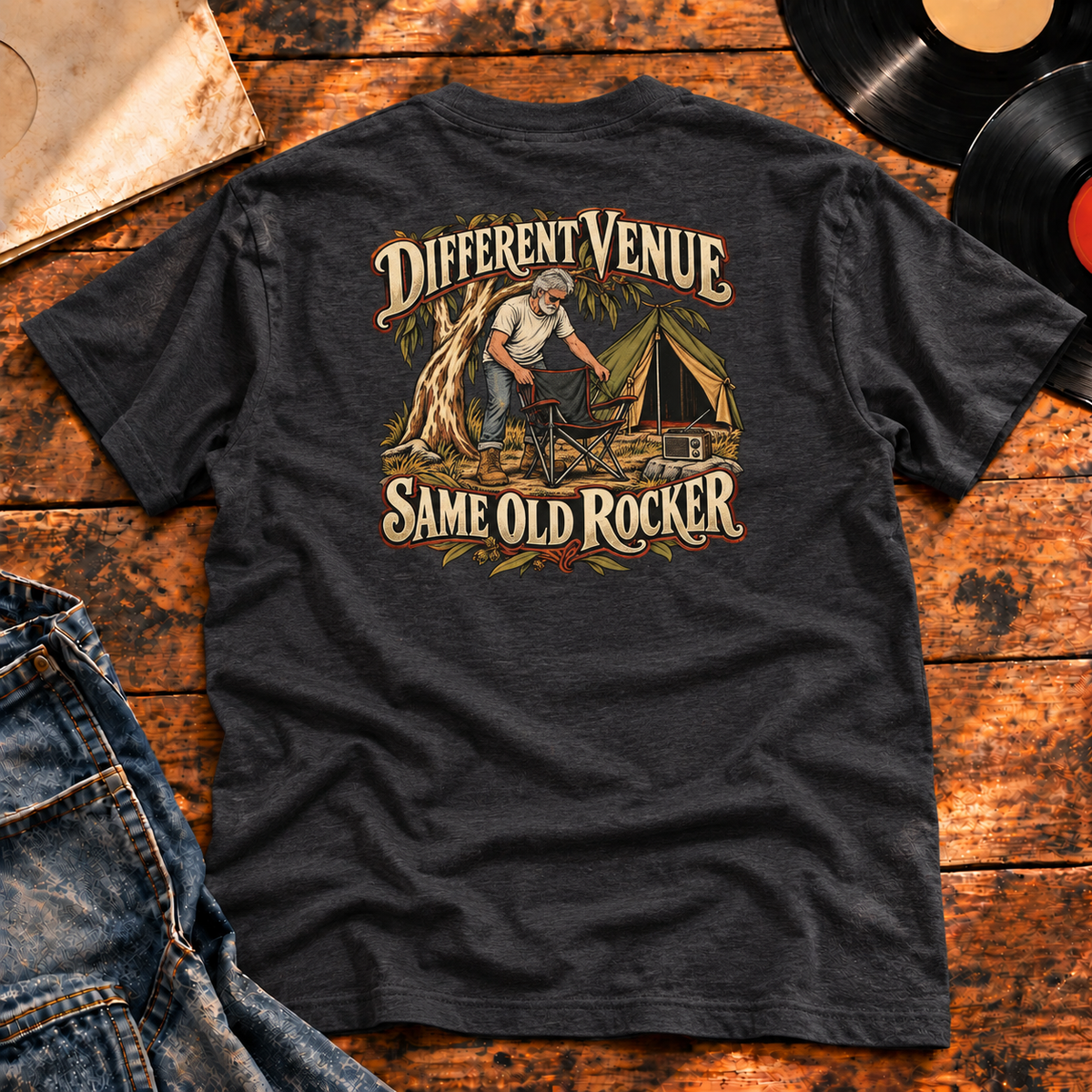 Different Venue Same Old Rocker Heavyweight Tee — charcoal back-print hero