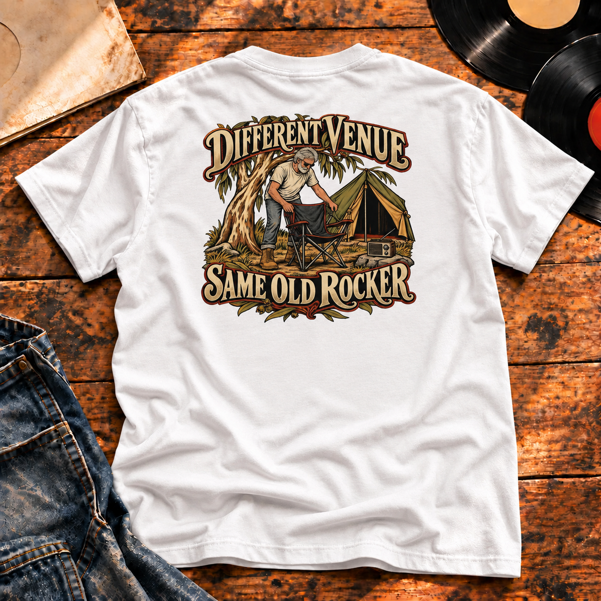 Different Venue Same Old Rocker Heavyweight Tee — white back-print hero