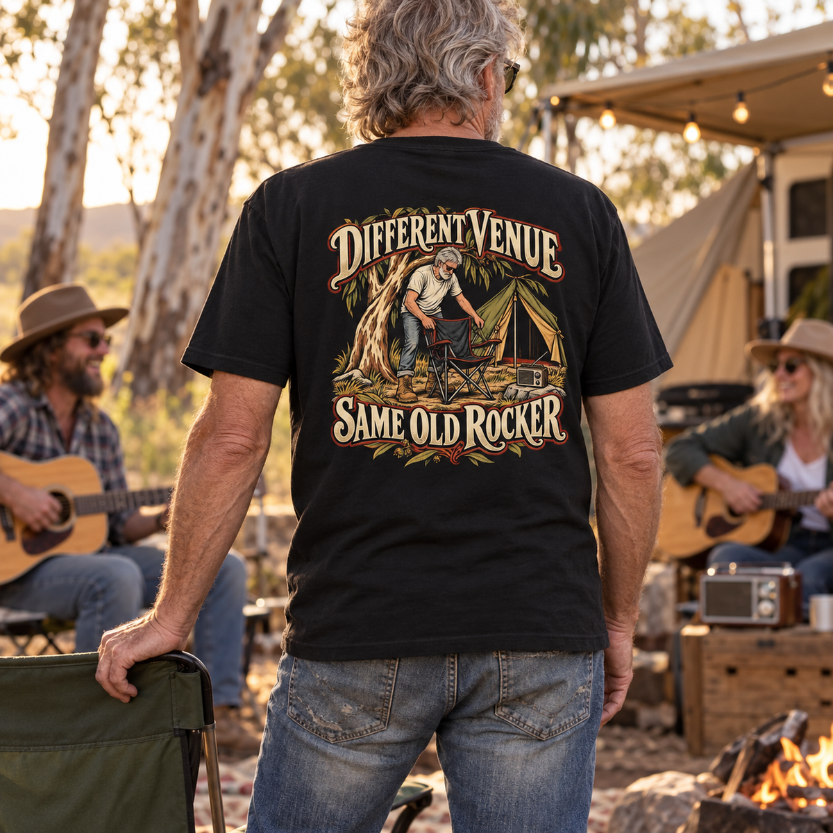 Different Venue Same Old Rocker Heavyweight Tee — Black lifestyle photograph