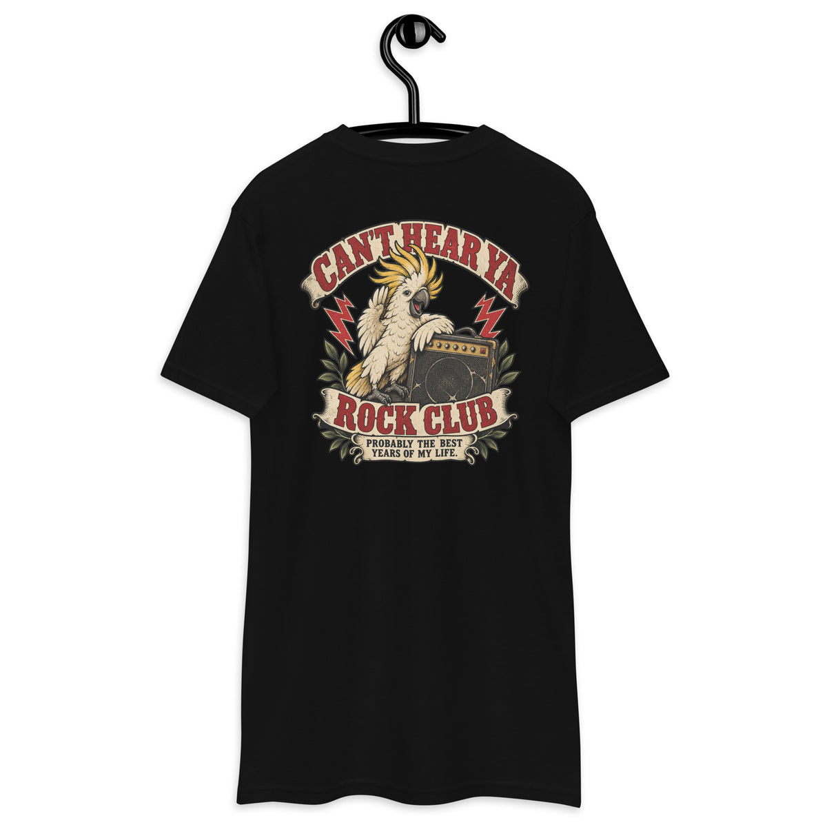 Can’t Hear Ya Rock Club Heavyweight Tee — Black back print, original Printful hanging tee mockup