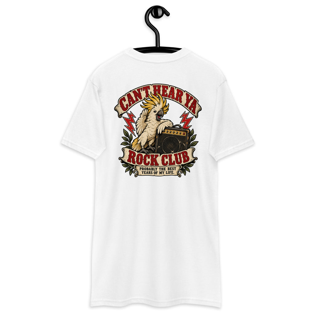 Can’t Hear Ya Rock Club Heavyweight Tee — White back print, original Printful hanging tee mockup