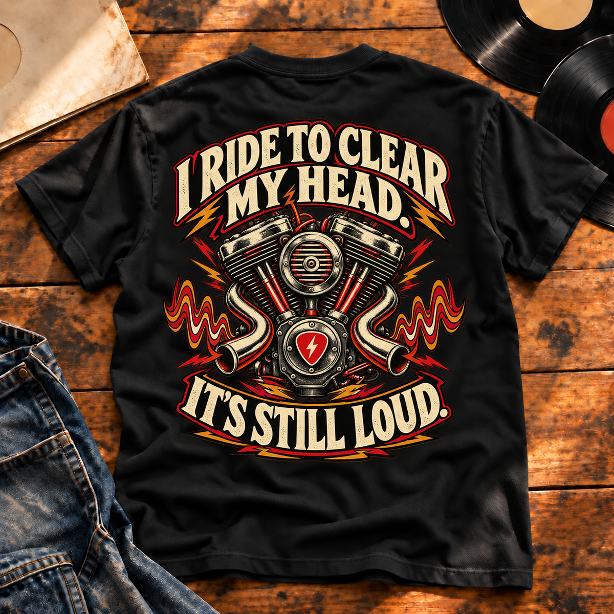 Clear My Head Still Loud Heavyweight Tee — Black back print flat-lay hero
