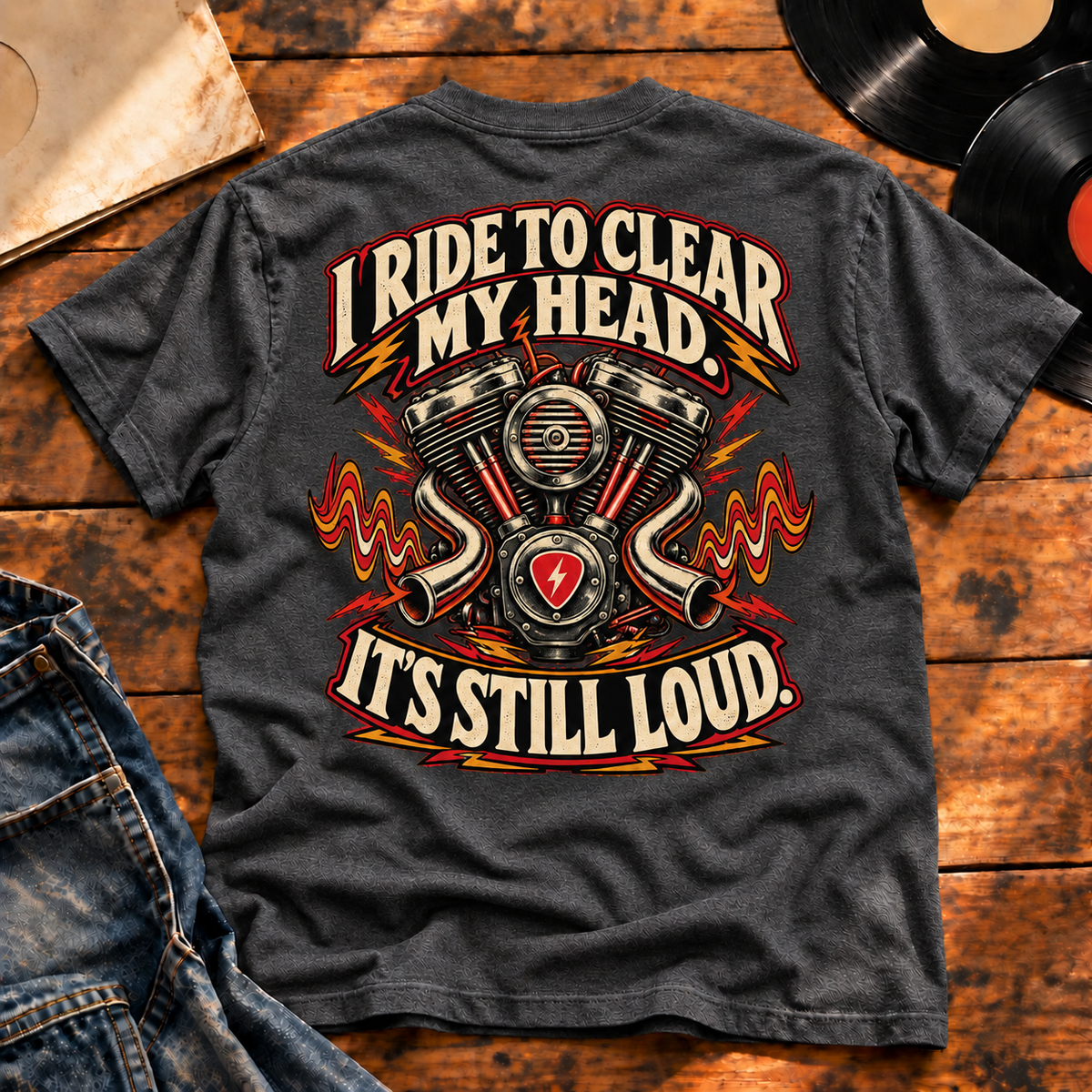 Clear My Head Still Loud Heavyweight Tee — Charcoal Heather back print flat-lay hero