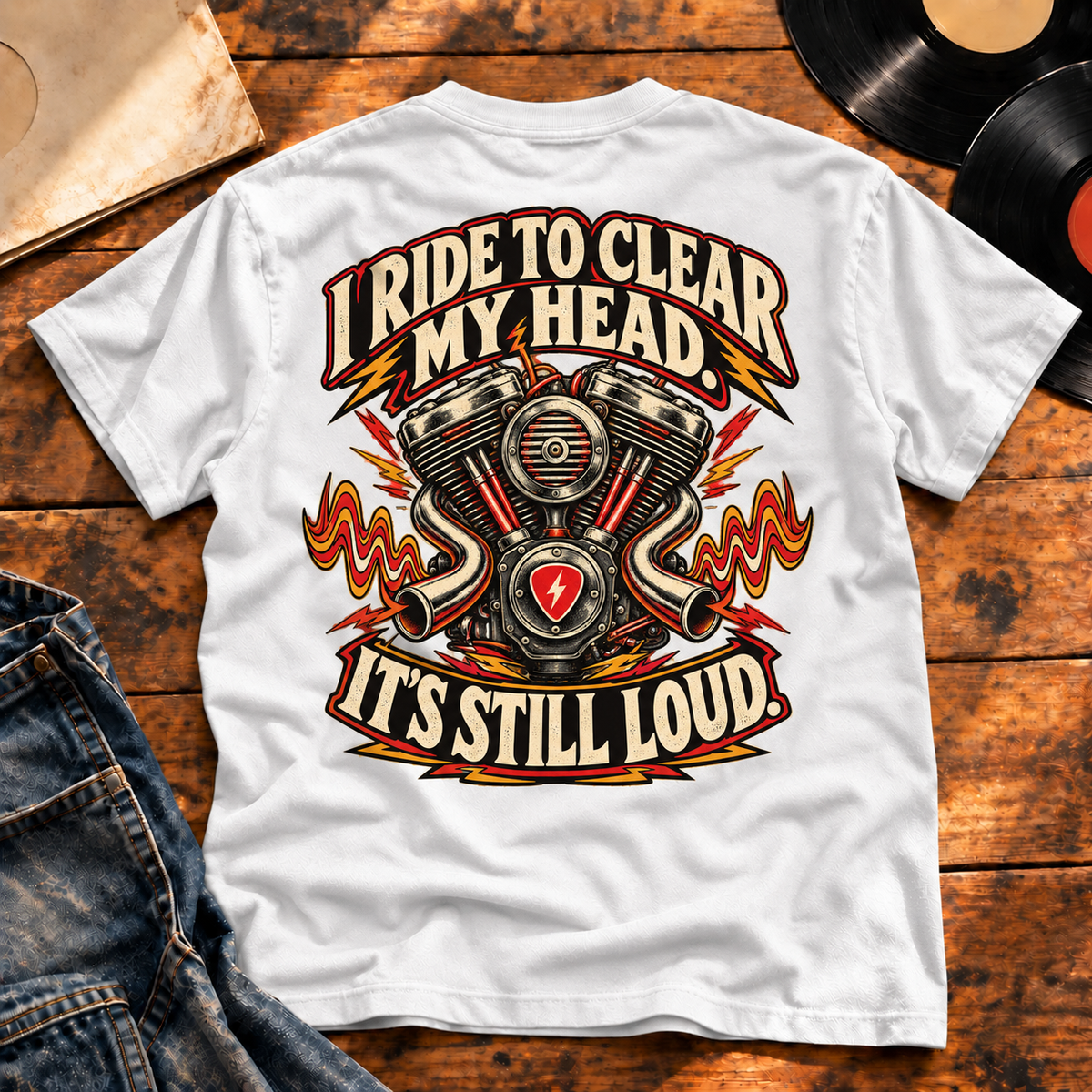 Clear My Head Still Loud Heavyweight Tee — White back print flat-lay hero