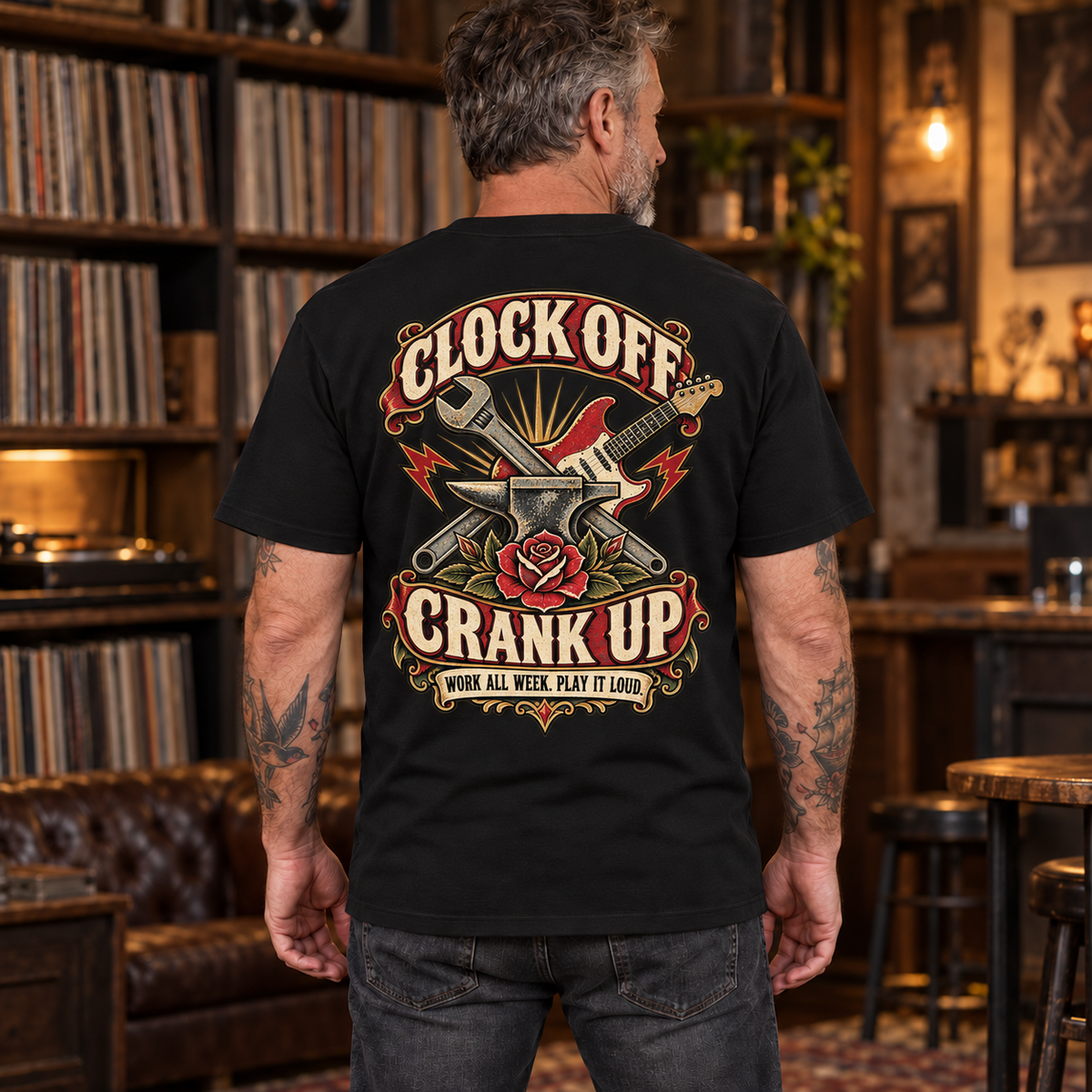 Clock Off Crank Up Heavyweight Tee — mature model wearing the black back-print tee
