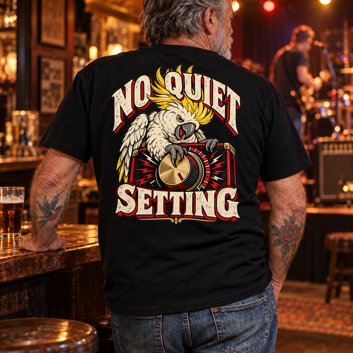 No Quiet Setting — Black pub lifestyle back view