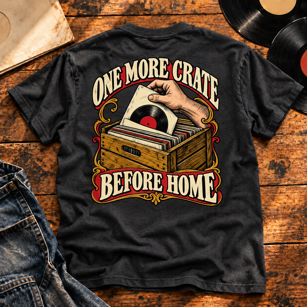 One More Crate Before Home — Black vinyl flat-lay back view