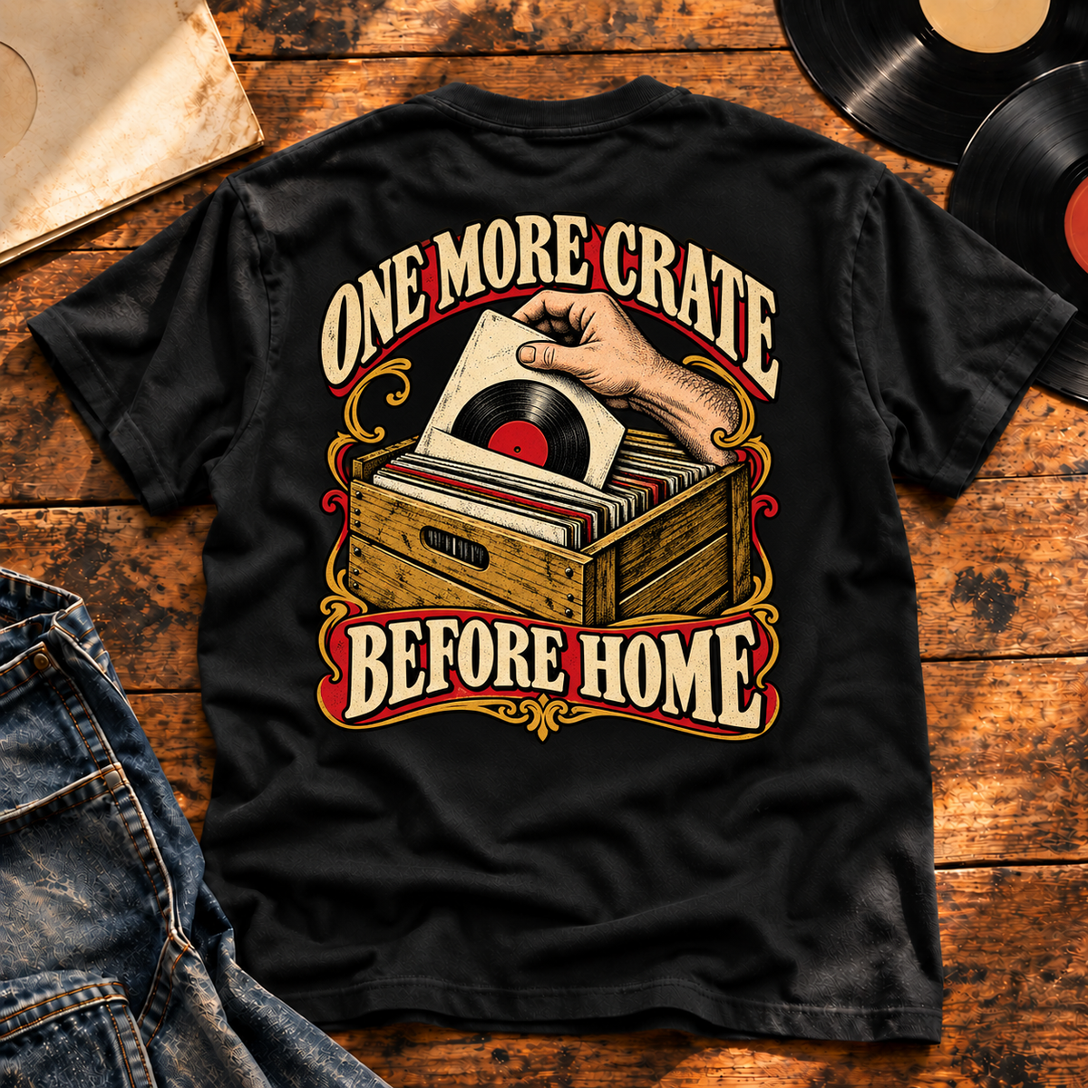 One More Crate Before Home — Charcoal Heather vinyl flat-lay back view