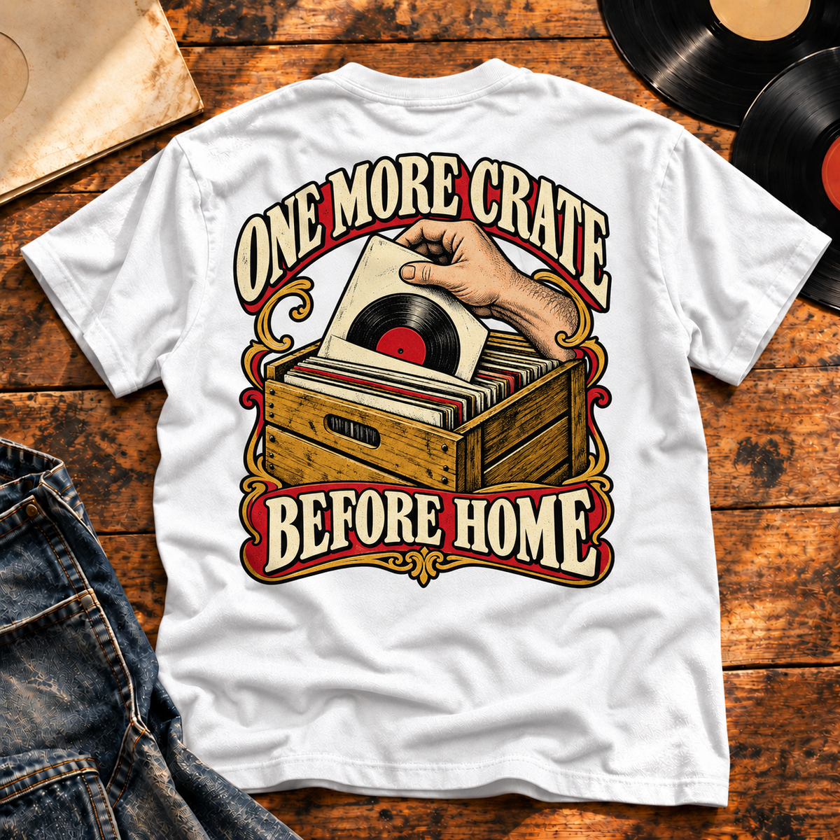 One More Crate Before Home — White vinyl flat-lay back view