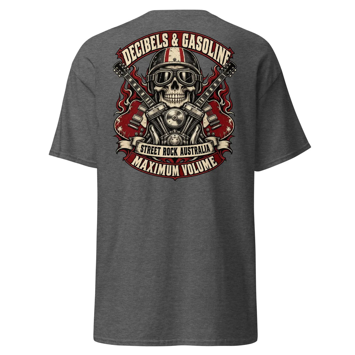 Dark Heather Decibels & Gasoline T-shirt, back print