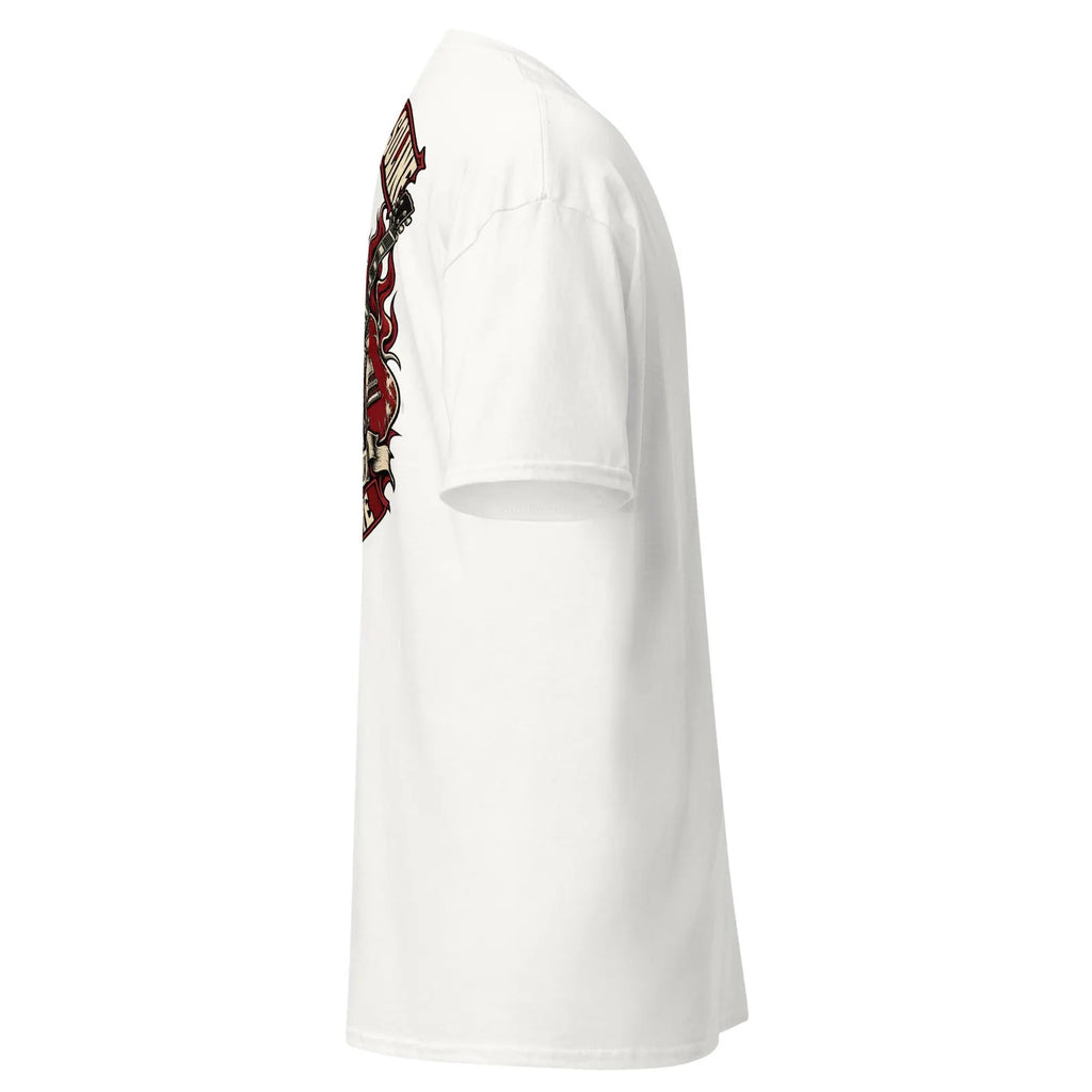 White T-shirt, side view showing back print