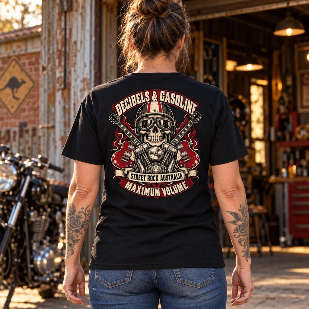 Woman wearing the black Decibels & Gasoline T-shirt, back graphic