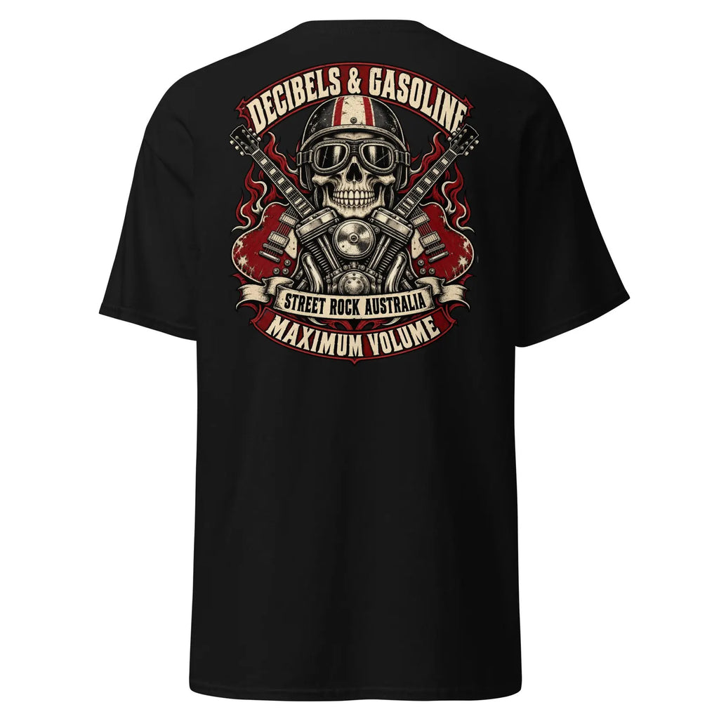 Black Decibels & Gasoline T-shirt, full back print