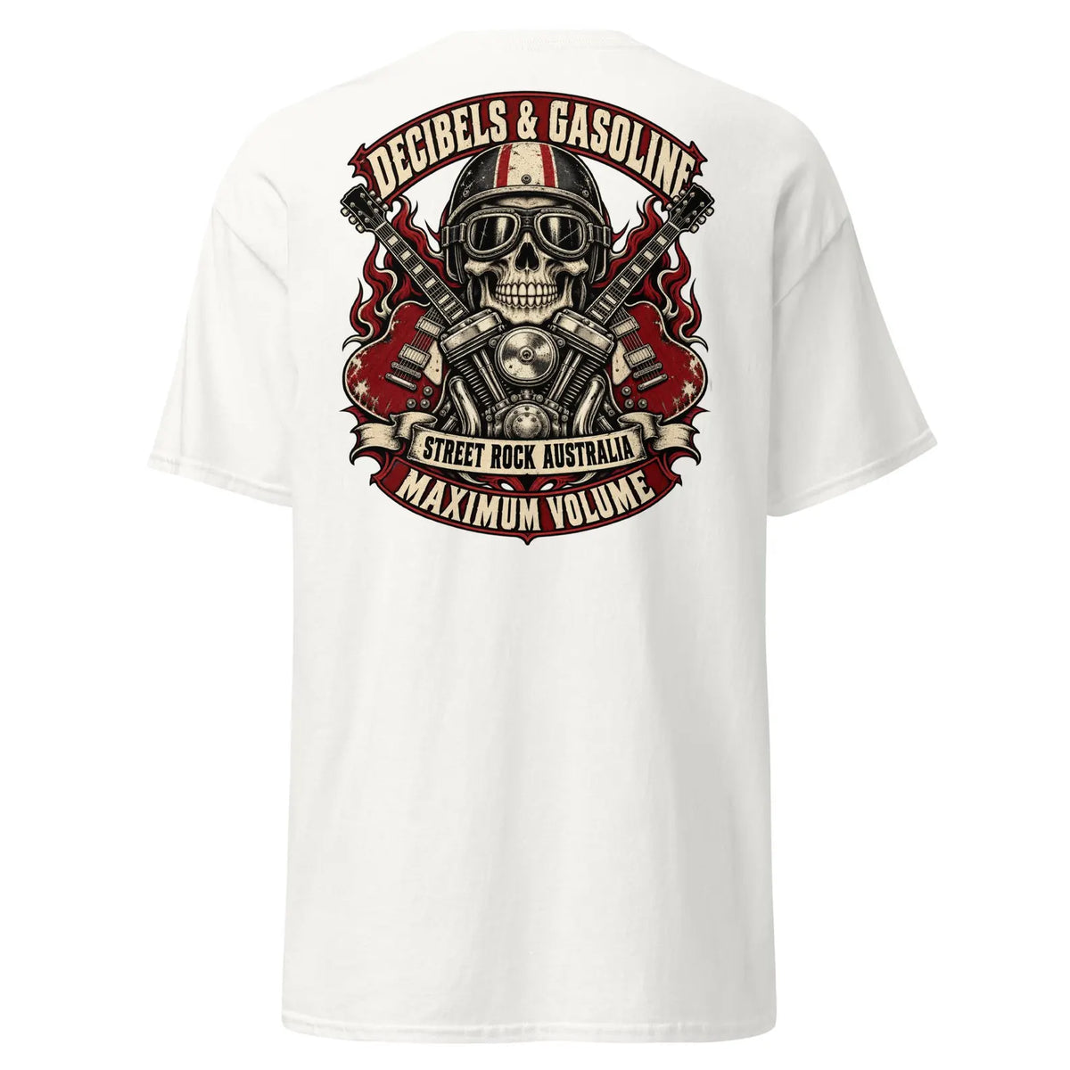 White Decibels & Gasoline T-shirt, back print
