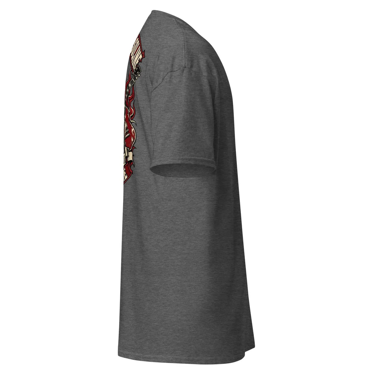 Dark Heather T-shirt, side view showing back print